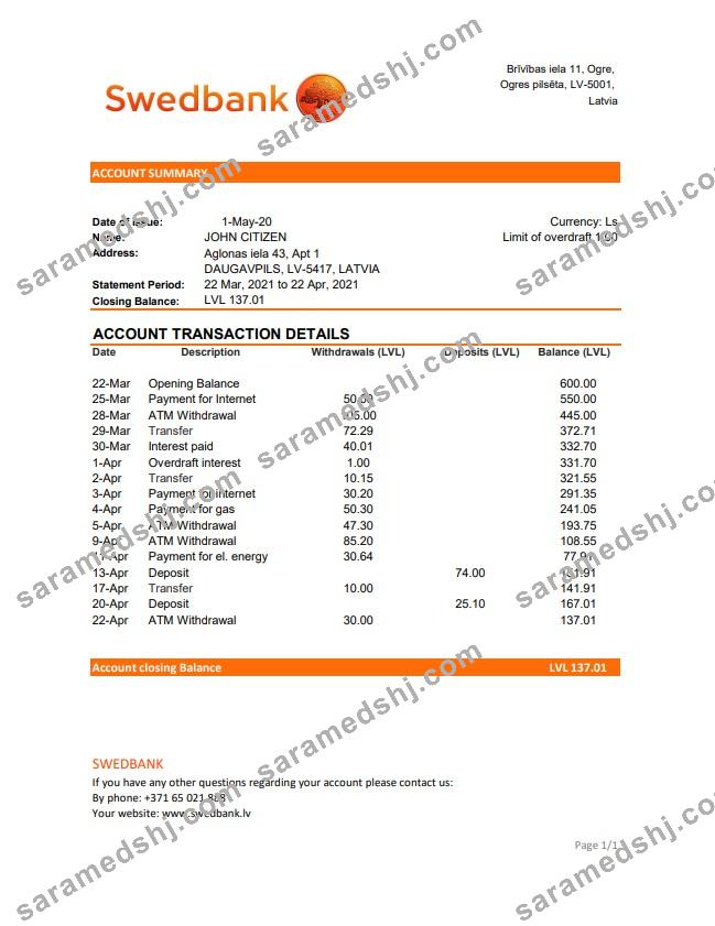 Latvia Swedbank bank statement easy to fill template in .xls and .pdf file format
